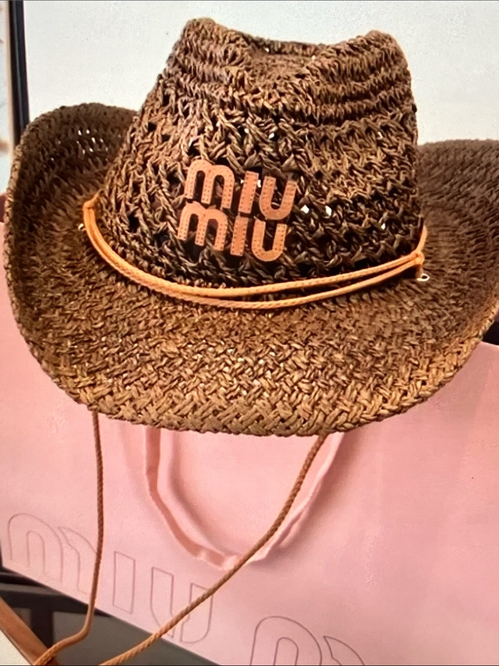 Miu Miu Brown Woven Straw Cowboy Hat with Logo Emblem